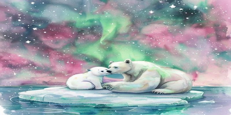 Білий ведмедик і північне сяйво
