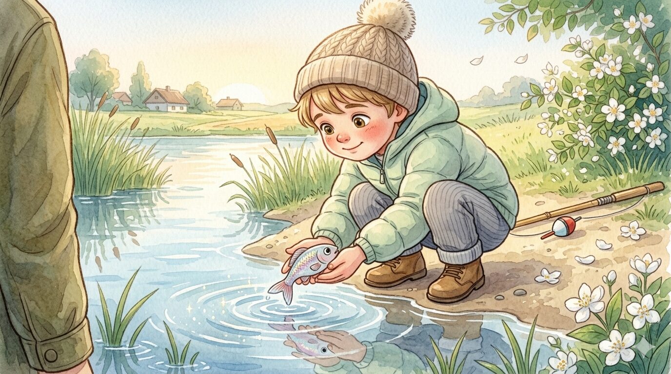 Назар обережно відпускає першу рибку у воду