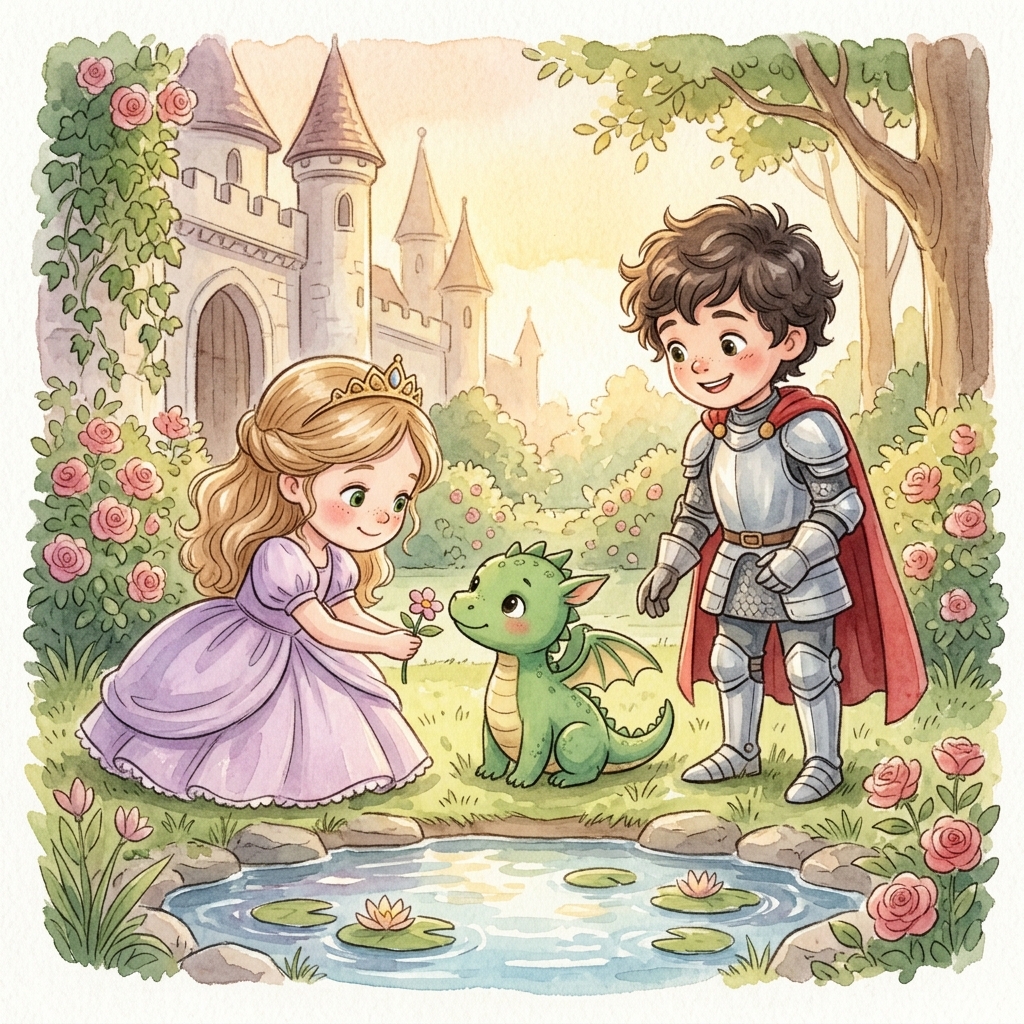 A kind princess offers a flower to a small friendly dragon while a young knight smiles nearby — watercolor illustration