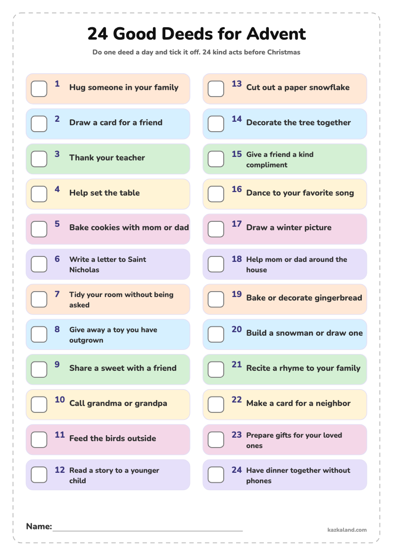 24 Kind Deeds for Advent: printable A4 sheet for kids, ready to print or fill in online