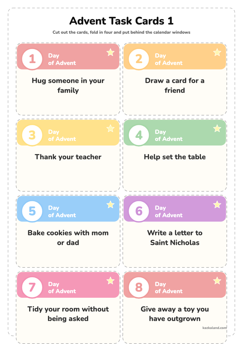 Advent Task Cards 1: printable A4 sheet for kids, ready to print or fill in online
