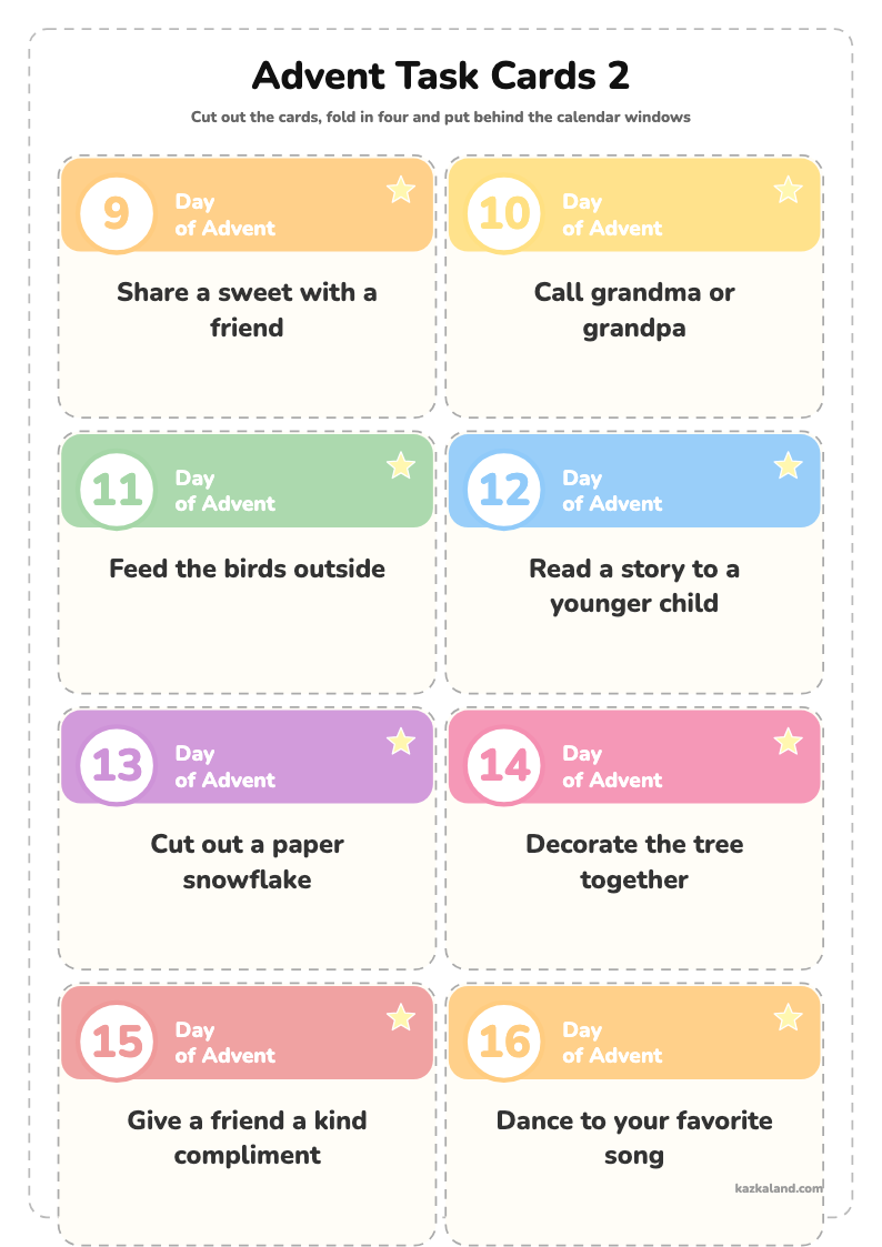 Advent Task Cards 2: printable A4 sheet for kids, ready to print or fill in online