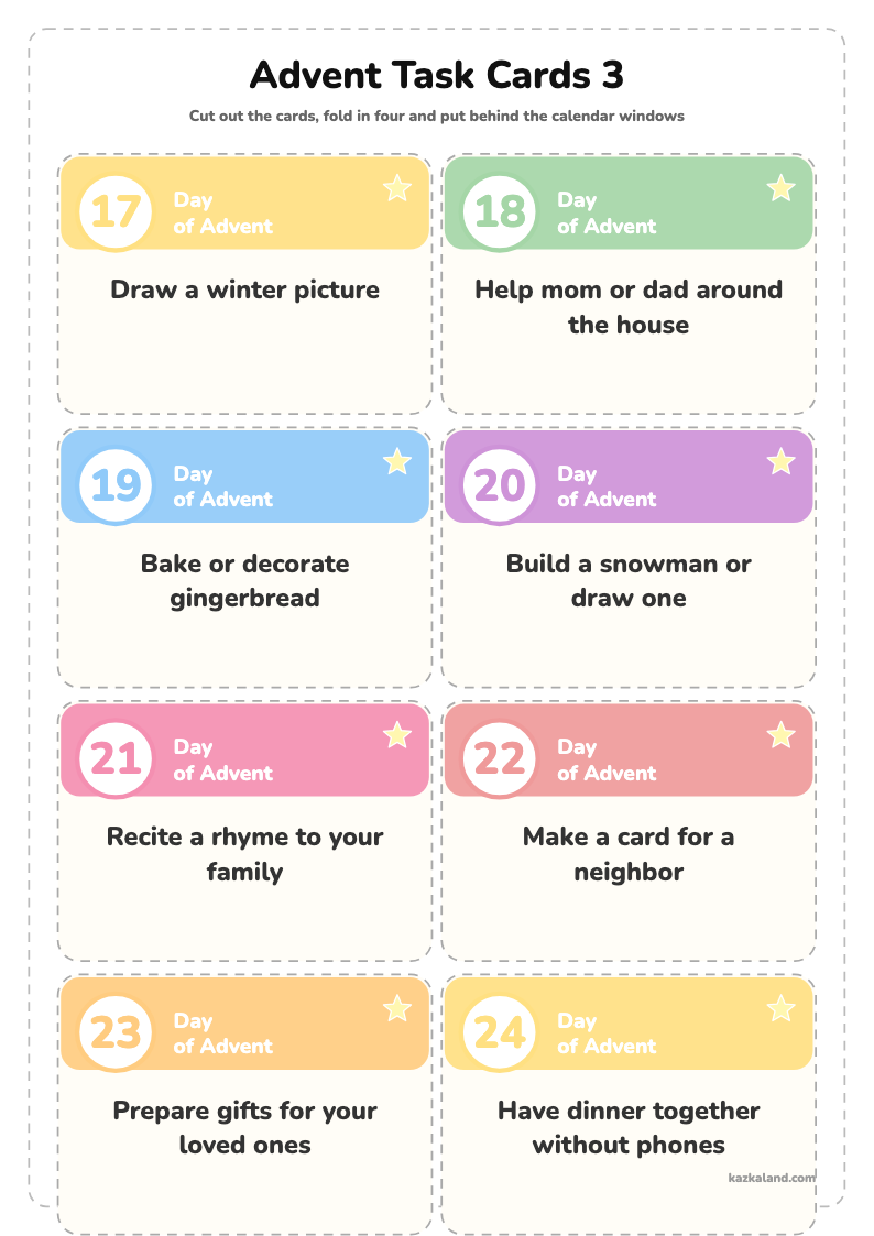 Advent Task Cards 3: printable A4 sheet for kids, ready to print or fill in online