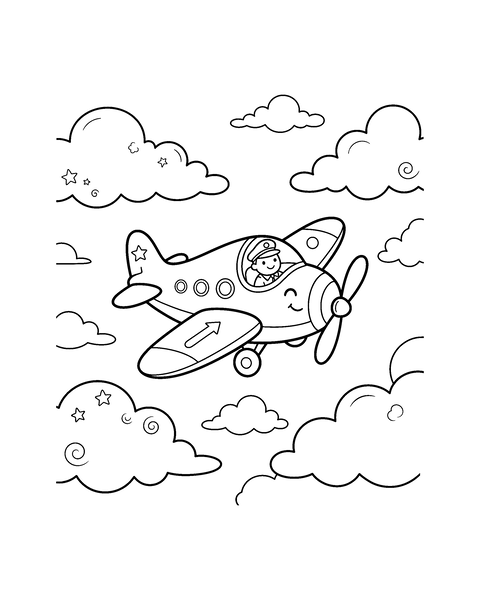 Airplane coloring page for kids: a printable black and white outline picture with thick lines and big areas to color, ready for A4