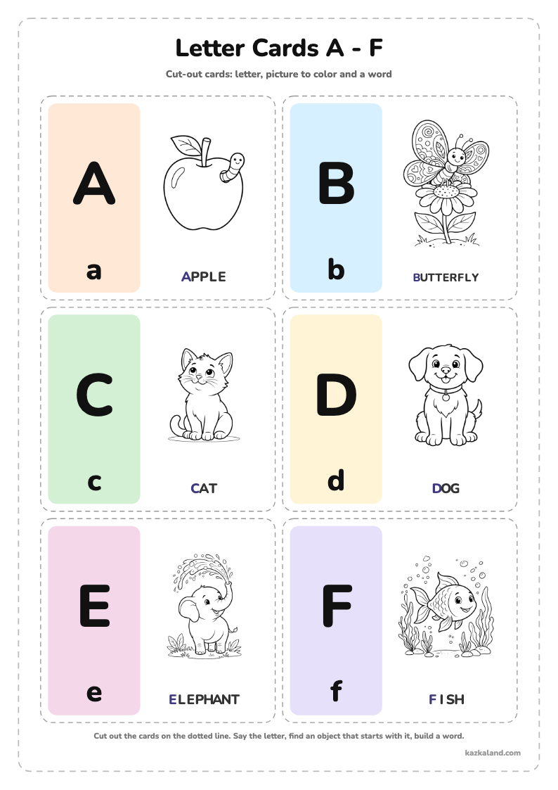 Alphabet Letter Cards A - F: printable A4 worksheet for kids with a large model, dotted lines to trace, a picture to color and a line for the name