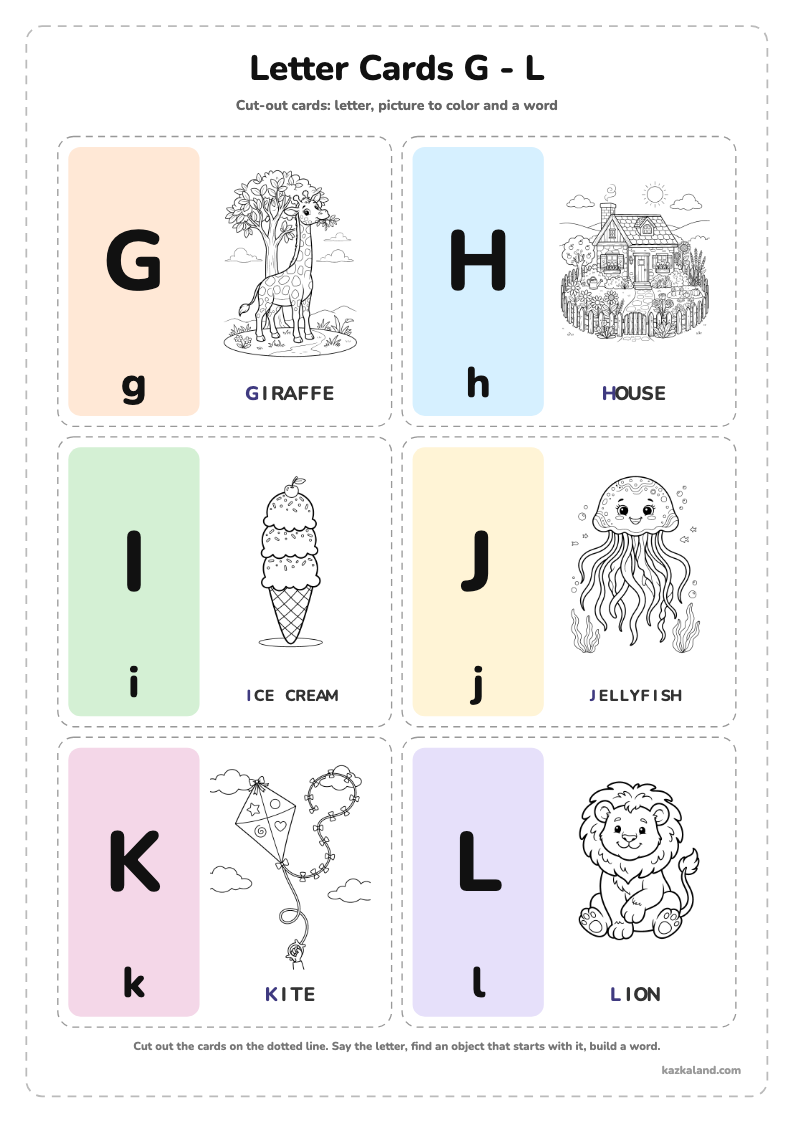 Alphabet Letter Cards G - L: printable A4 worksheet for kids with a large model, dotted lines to trace, a picture to color and a line for the name