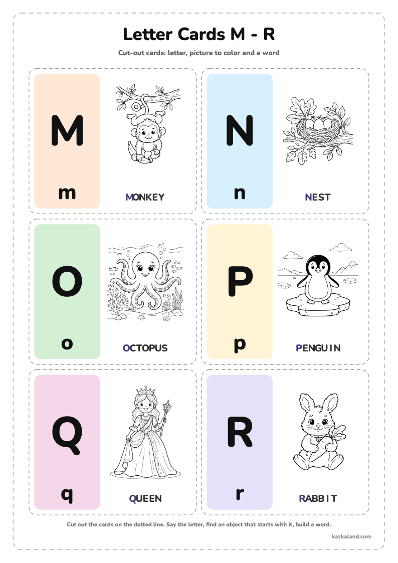 Alphabet Letter Cards M - R: printable A4 worksheet for kids with a large model, dotted lines to trace, a picture to color and a line for the name