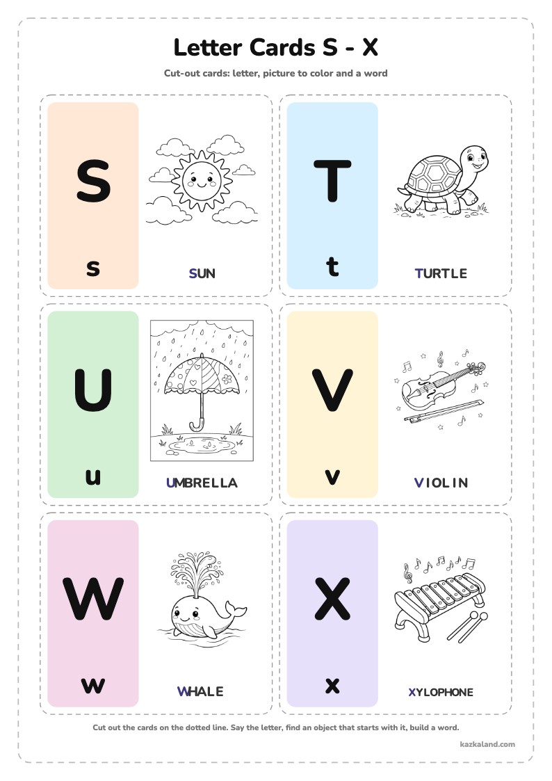 Alphabet Letter Cards S - X: printable A4 worksheet for kids with a large model, dotted lines to trace, a picture to color and a line for the name