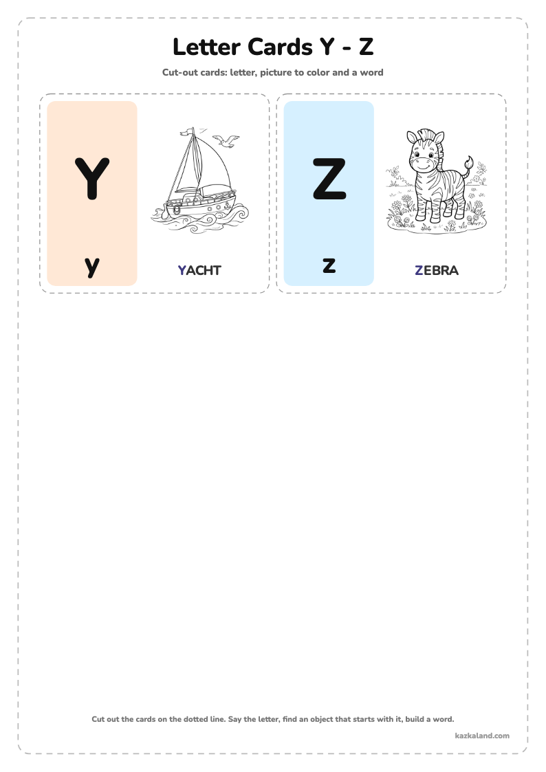 Alphabet Letter Cards Y - Z: printable A4 worksheet for kids with a large model, dotted lines to trace, a picture to color and a line for the name