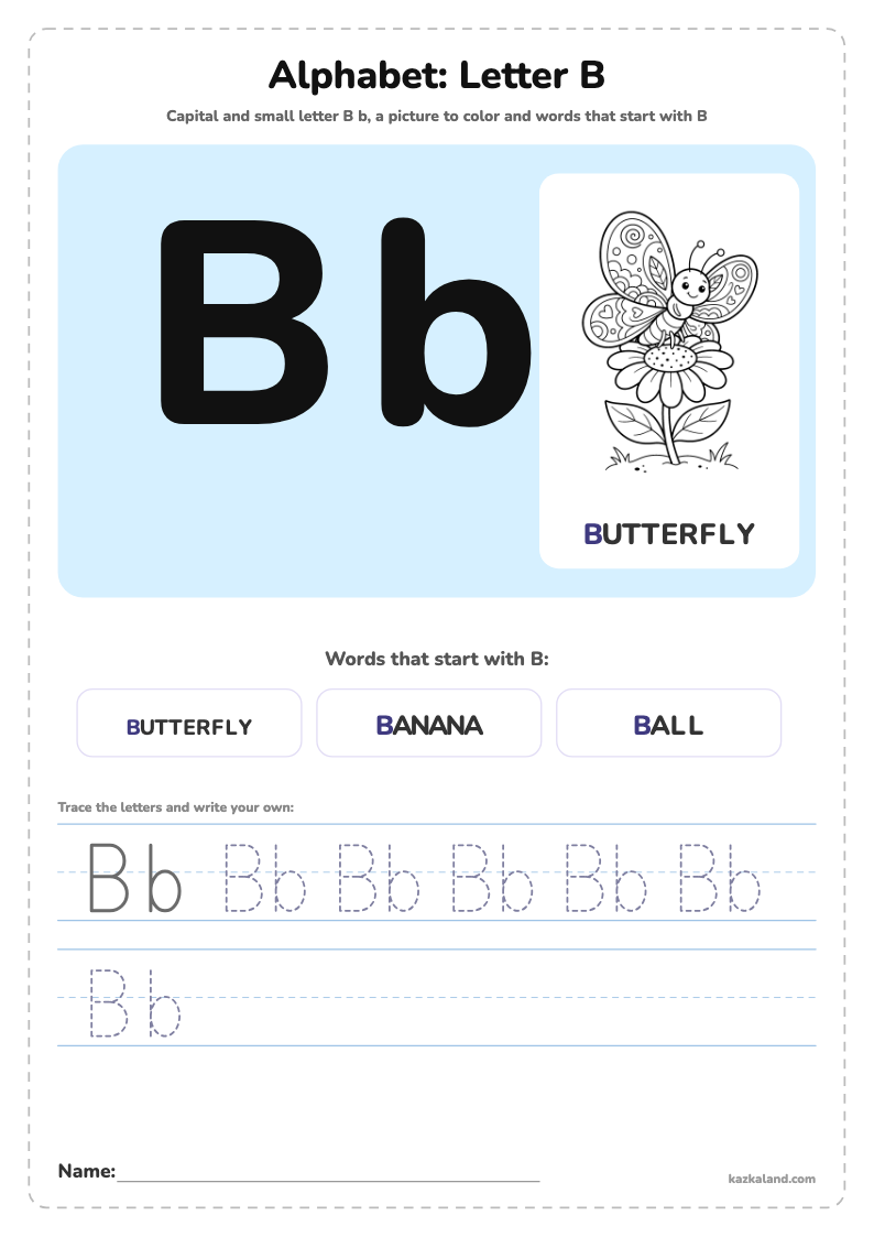Alphabet Letter B Poster: printable A4 worksheet for kids with a large model, dotted lines to trace, a picture to color and a line for the name