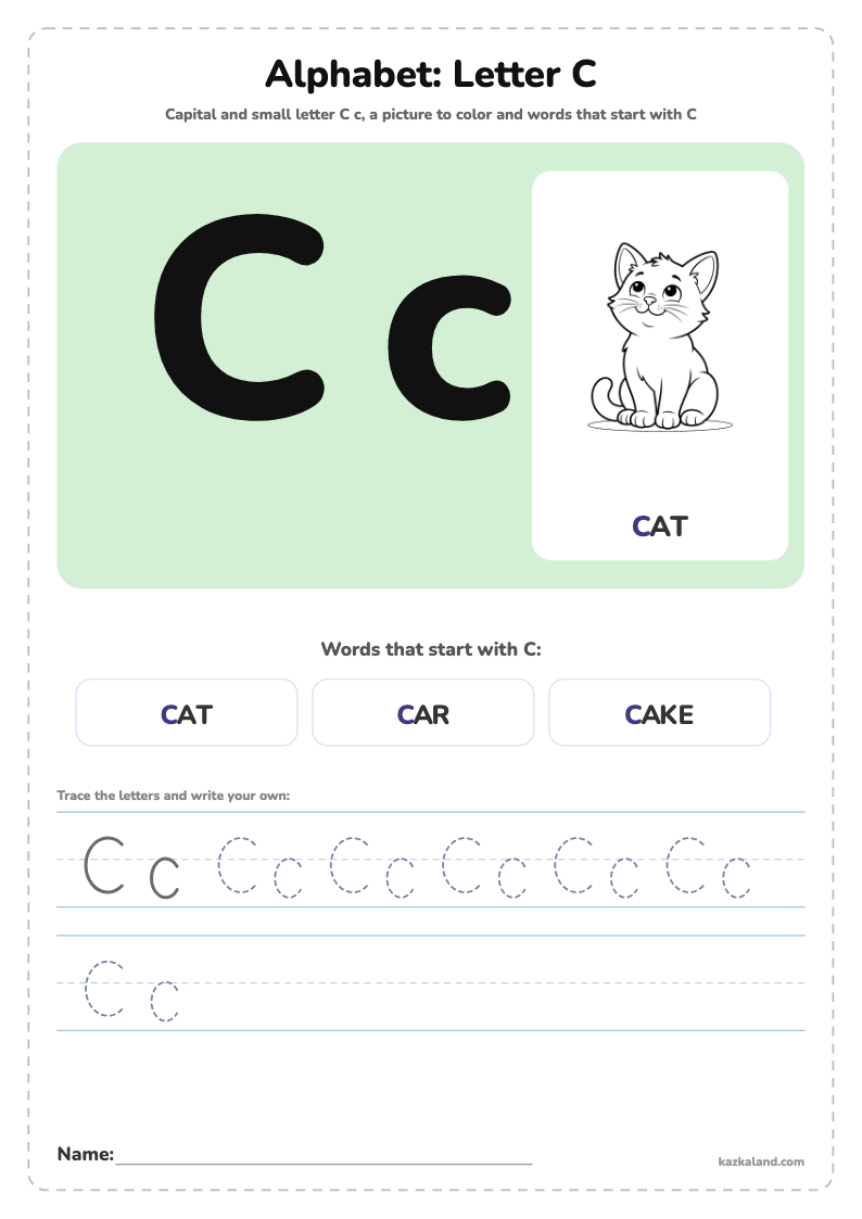 Alphabet Letter C Poster: printable A4 worksheet for kids with a large model, dotted lines to trace, a picture to color and a line for the name