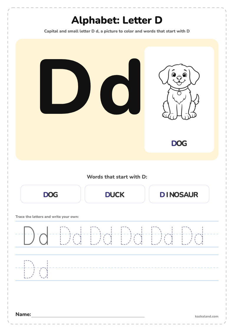 Alphabet Letter D Poster: printable A4 worksheet for kids with a large model, dotted lines to trace, a picture to color and a line for the name