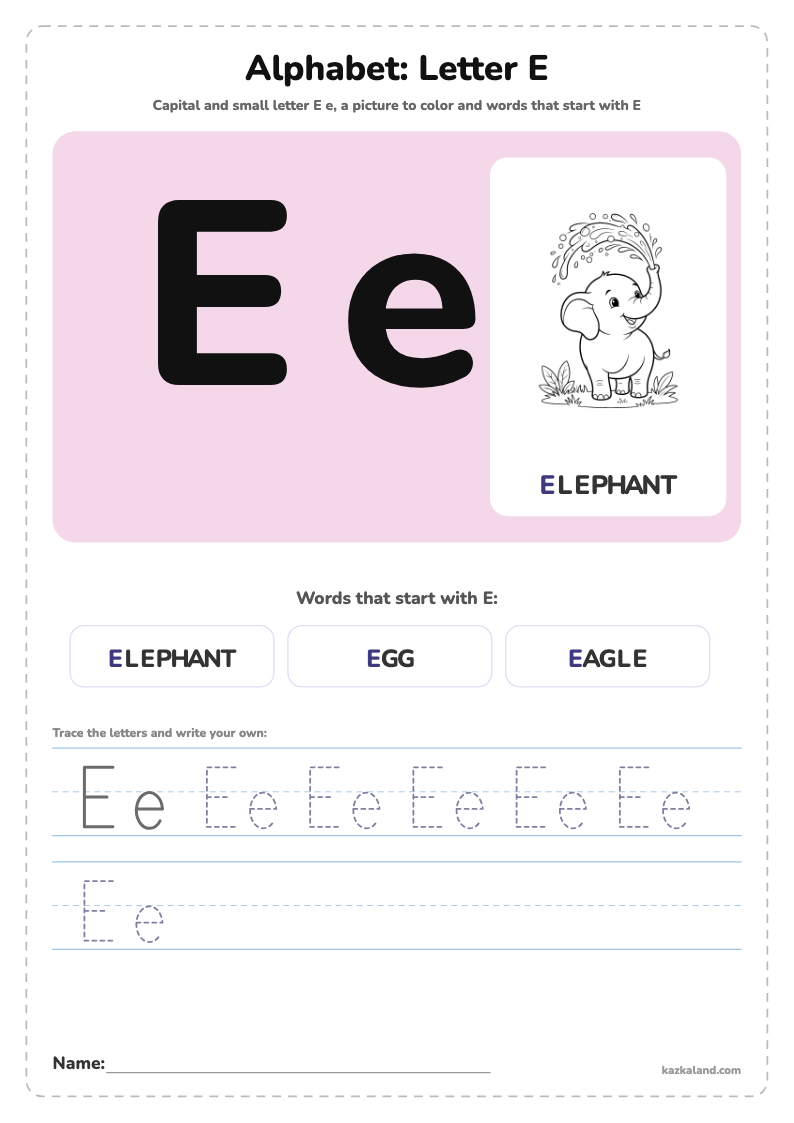 Alphabet Letter E Poster: printable A4 worksheet for kids with a large model, dotted lines to trace, a picture to color and a line for the name