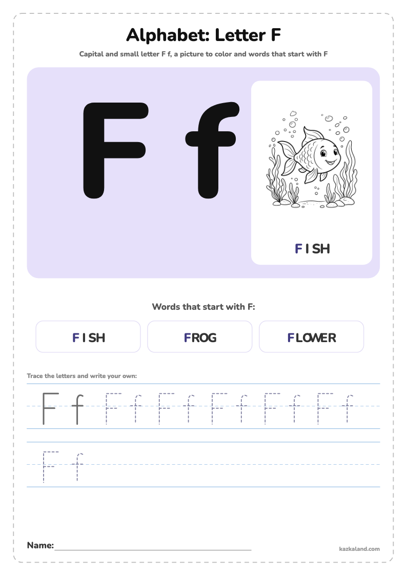 Alphabet Letter F Poster: printable A4 worksheet for kids with a large model, dotted lines to trace, a picture to color and a line for the name