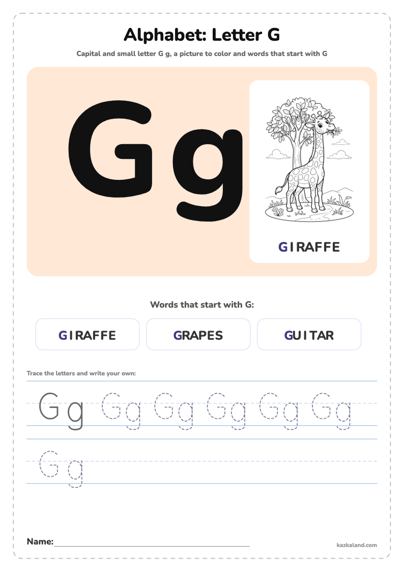 Alphabet Letter G Poster: printable A4 worksheet for kids with a large model, dotted lines to trace, a picture to color and a line for the name