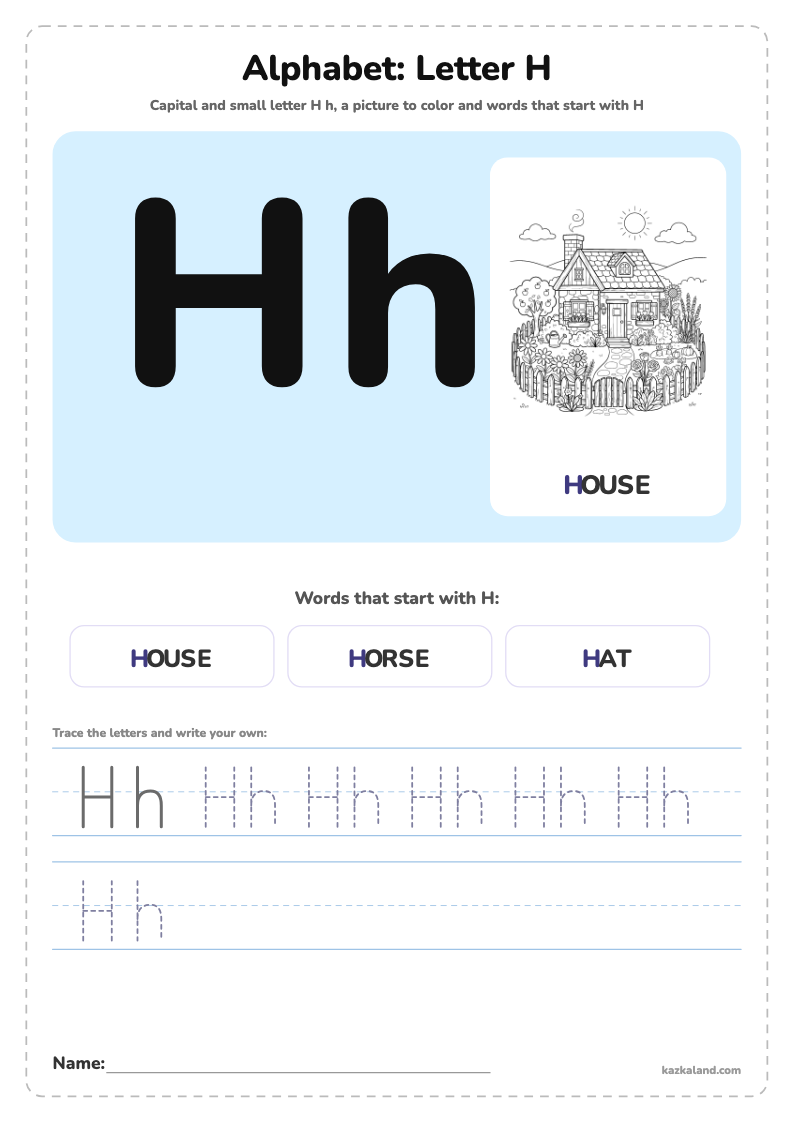 Alphabet Letter H Poster: printable A4 worksheet for kids with a large model, dotted lines to trace, a picture to color and a line for the name