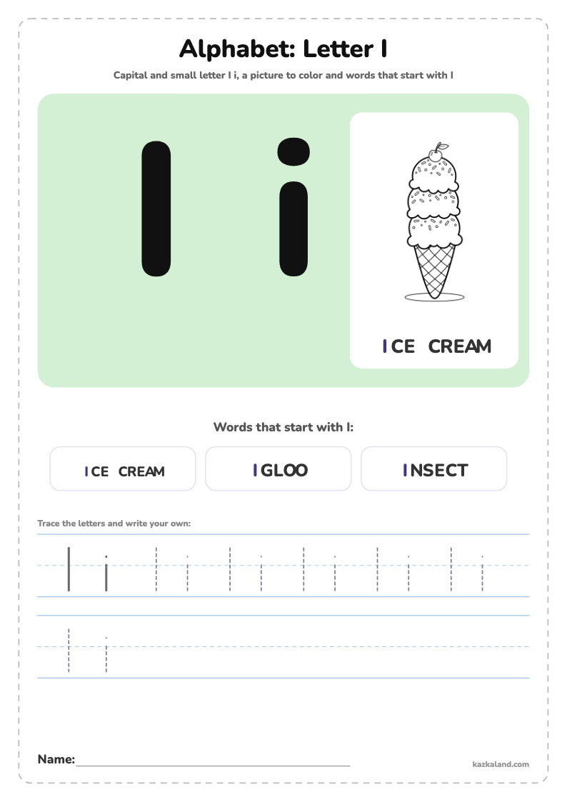 Alphabet Letter I Poster: printable A4 worksheet for kids with a large model, dotted lines to trace, a picture to color and a line for the name