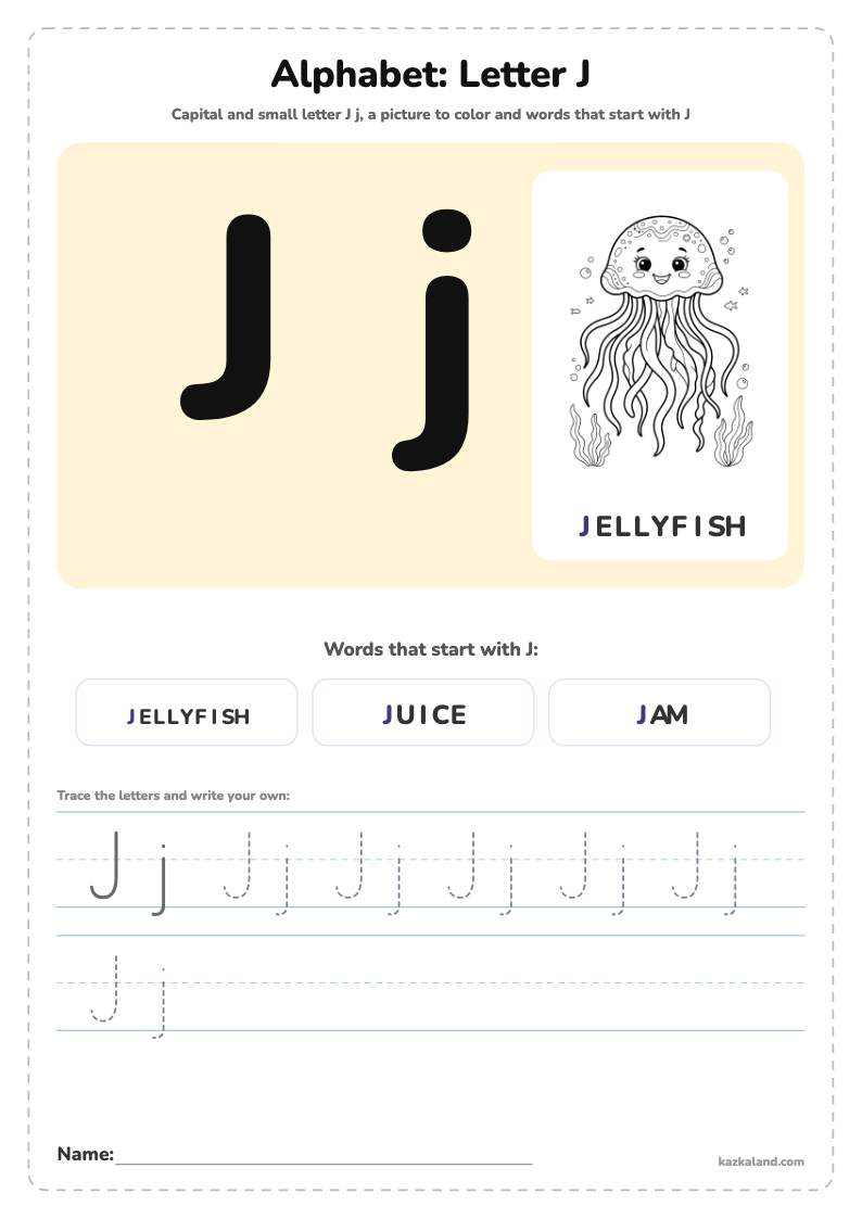 Alphabet Letter J Poster: printable A4 worksheet for kids with a large model, dotted lines to trace, a picture to color and a line for the name
