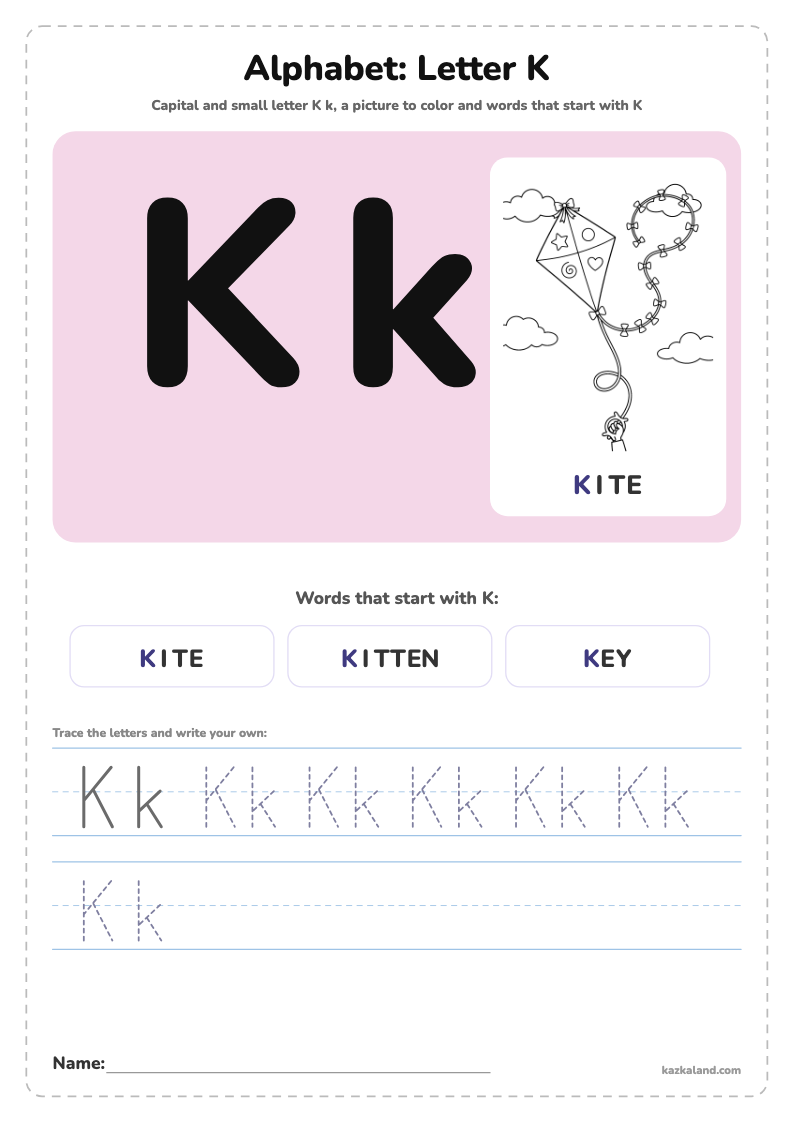 Alphabet Letter K Poster: printable A4 worksheet for kids with a large model, dotted lines to trace, a picture to color and a line for the name