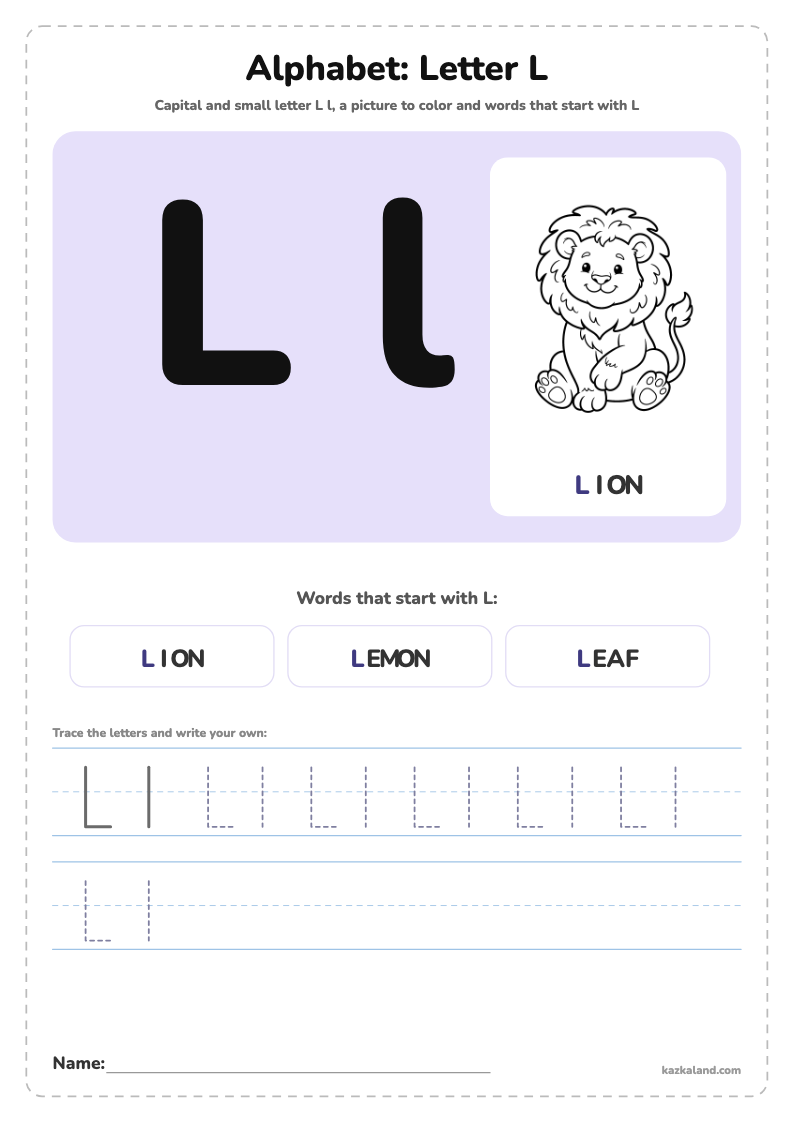 Alphabet Letter L Poster: printable A4 worksheet for kids with a large model, dotted lines to trace, a picture to color and a line for the name