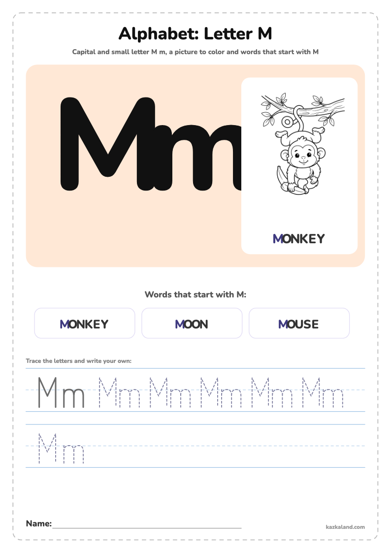Alphabet Letter M Poster: printable A4 worksheet for kids with a large model, dotted lines to trace, a picture to color and a line for the name