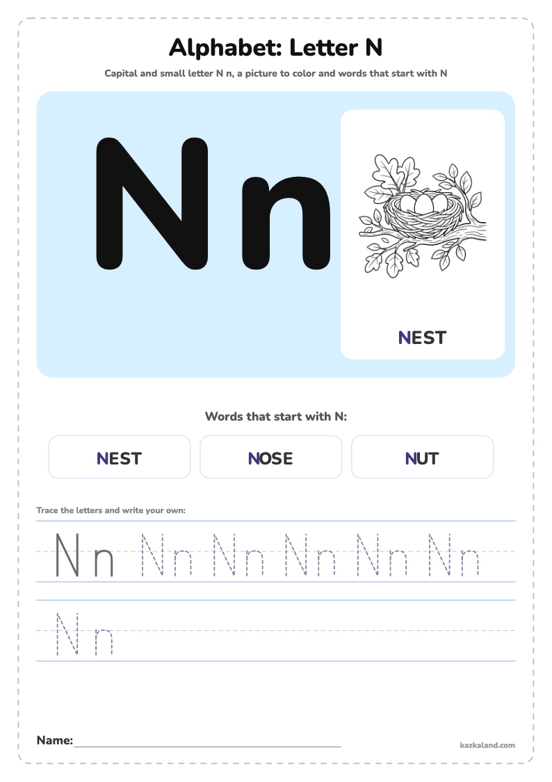 Alphabet Letter N Poster: printable A4 worksheet for kids with a large model, dotted lines to trace, a picture to color and a line for the name