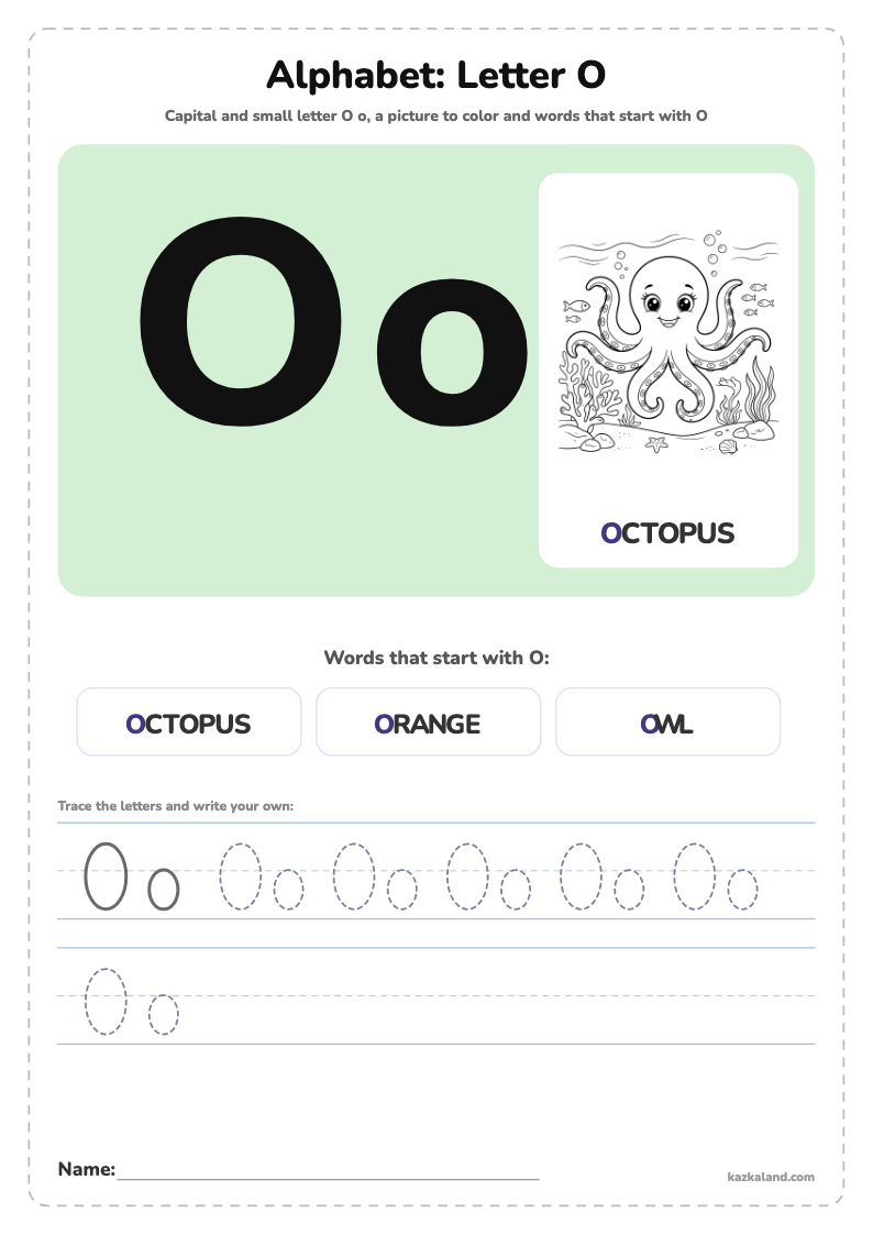 Alphabet Letter O Poster: printable A4 worksheet for kids with a large model, dotted lines to trace, a picture to color and a line for the name