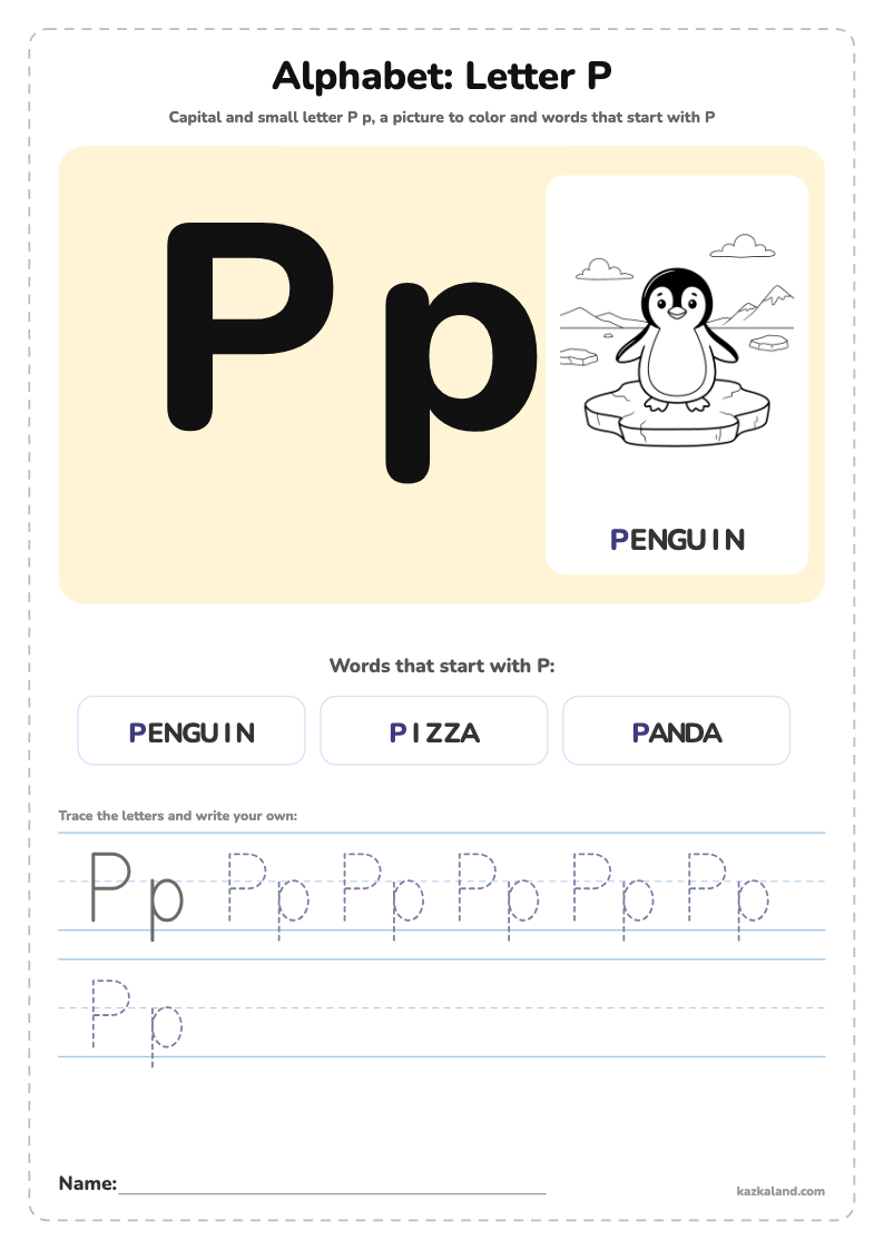 Alphabet Letter P Poster: printable A4 worksheet for kids with a large model, dotted lines to trace, a picture to color and a line for the name