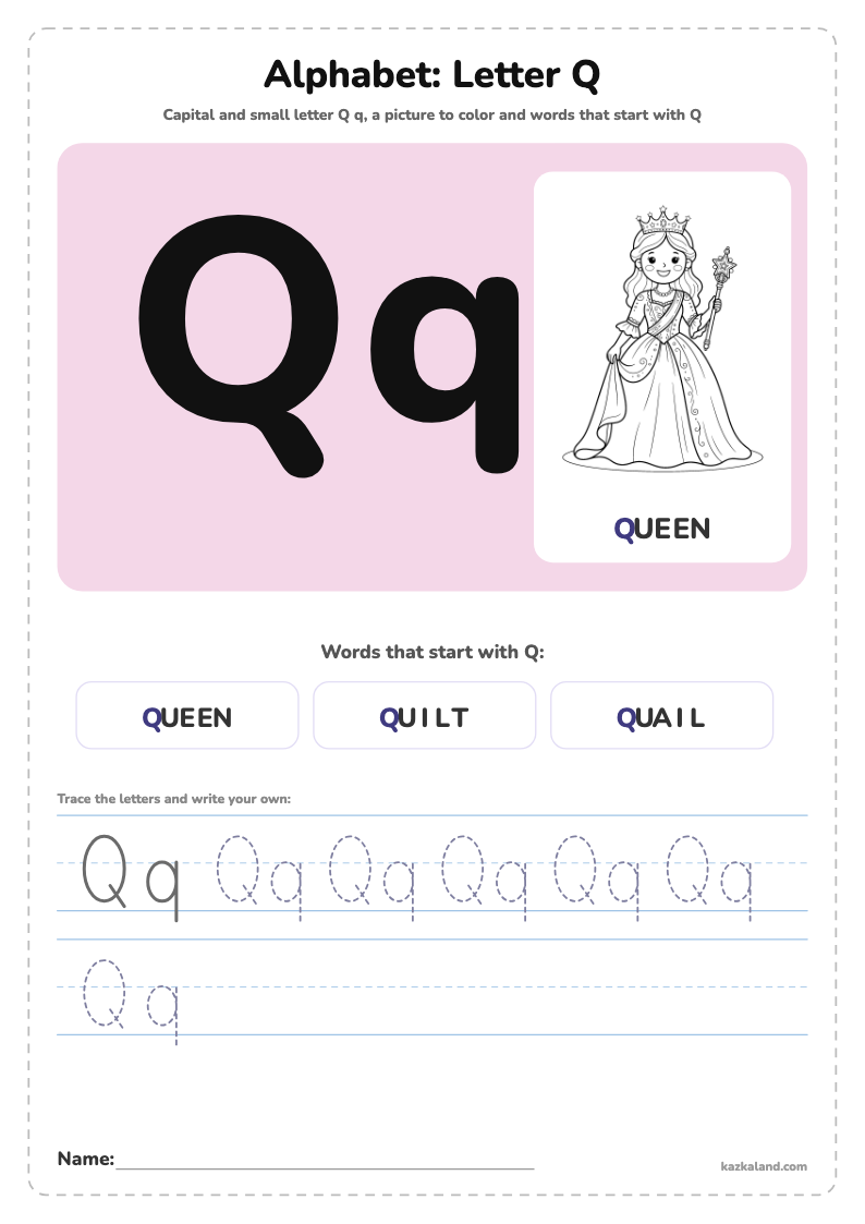 Alphabet Letter Q Poster: printable A4 worksheet for kids with a large model, dotted lines to trace, a picture to color and a line for the name