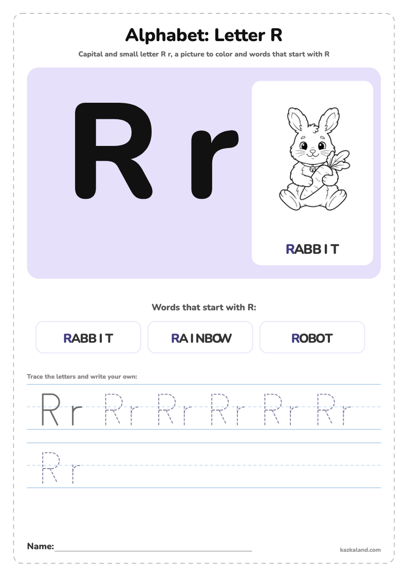 Alphabet Letter R Poster: printable A4 worksheet for kids with a large model, dotted lines to trace, a picture to color and a line for the name