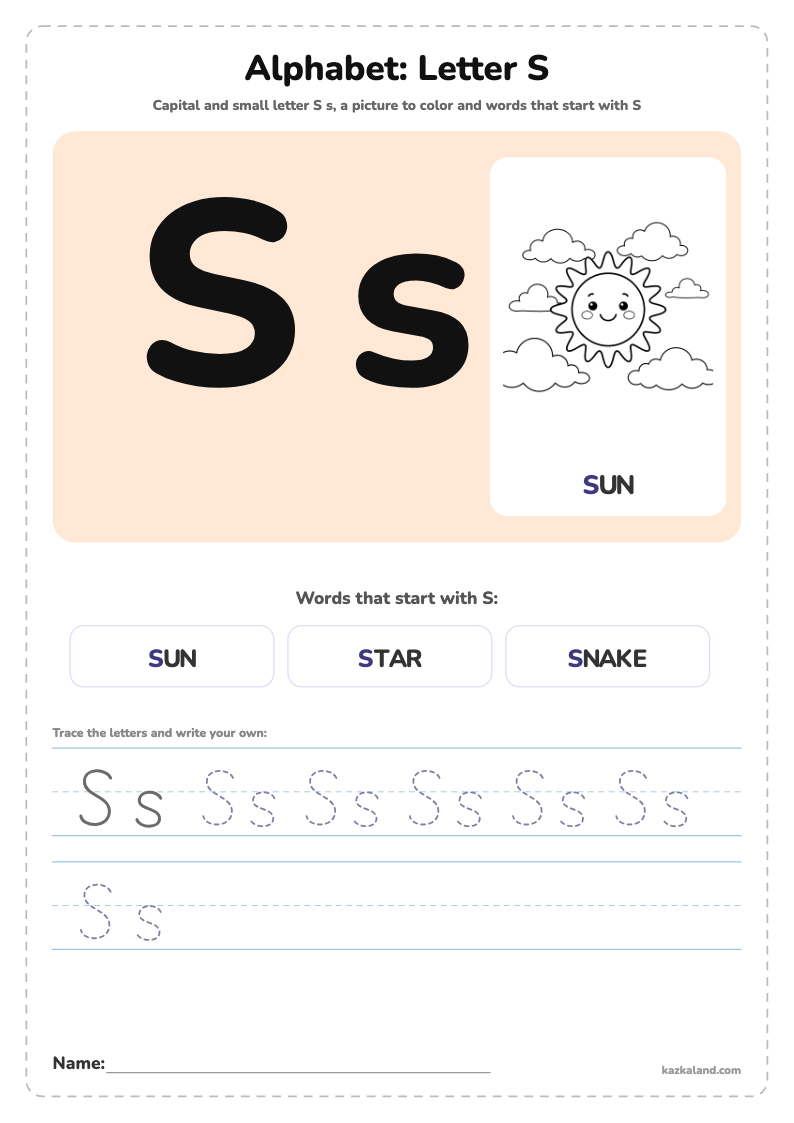 Alphabet Letter S Poster: printable A4 worksheet for kids with a large model, dotted lines to trace, a picture to color and a line for the name