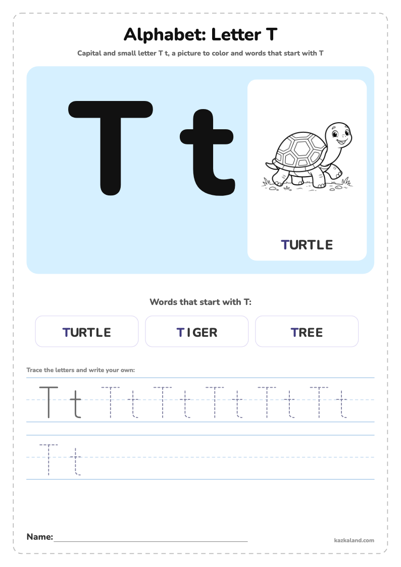 Alphabet Letter T Poster: printable A4 worksheet for kids with a large model, dotted lines to trace, a picture to color and a line for the name