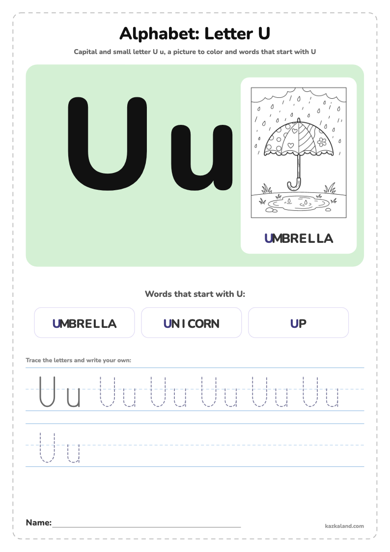 Alphabet Letter U Poster: printable A4 worksheet for kids with a large model, dotted lines to trace, a picture to color and a line for the name