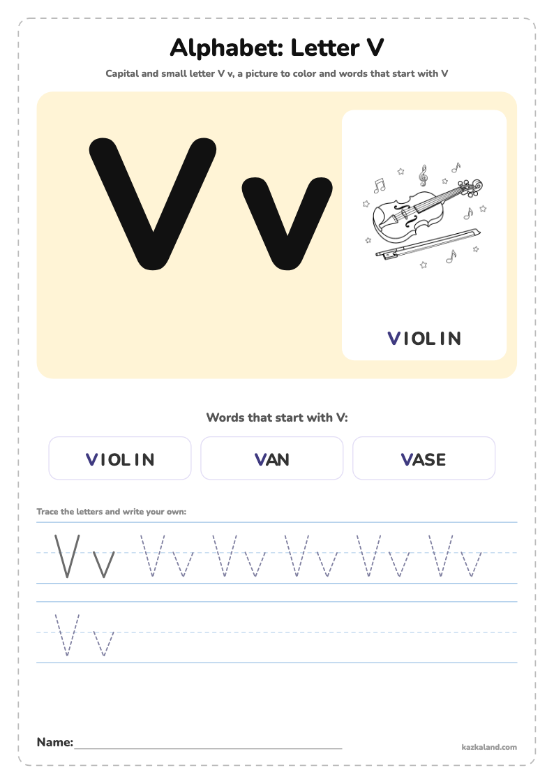 Alphabet Letter V Poster: printable A4 worksheet for kids with a large model, dotted lines to trace, a picture to color and a line for the name