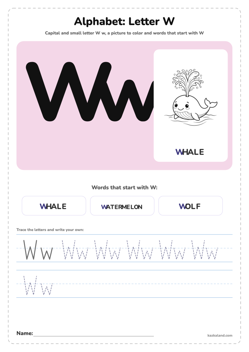 Alphabet Letter W Poster: printable A4 worksheet for kids with a large model, dotted lines to trace, a picture to color and a line for the name