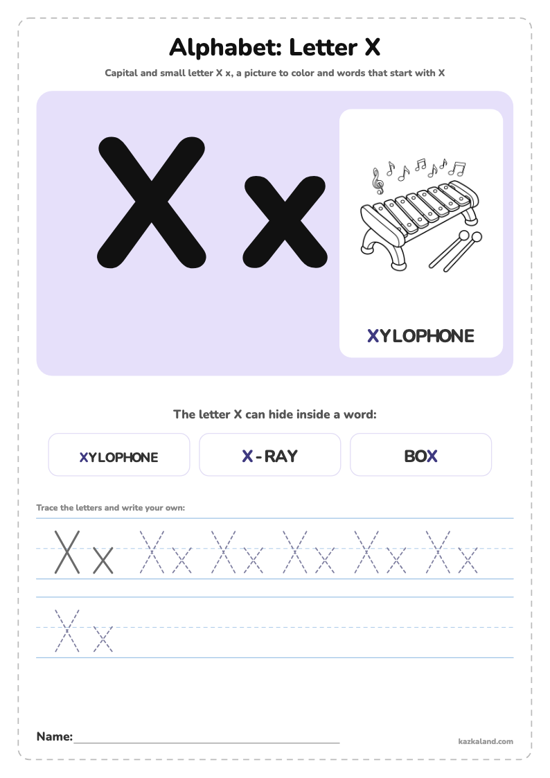 Alphabet Letter X Poster: printable A4 worksheet for kids with a large model, dotted lines to trace, a picture to color and a line for the name