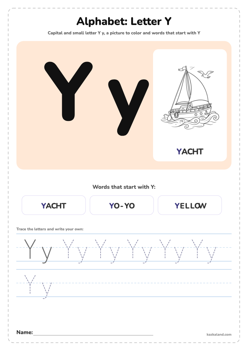 Alphabet Letter Y Poster: printable A4 worksheet for kids with a large model, dotted lines to trace, a picture to color and a line for the name