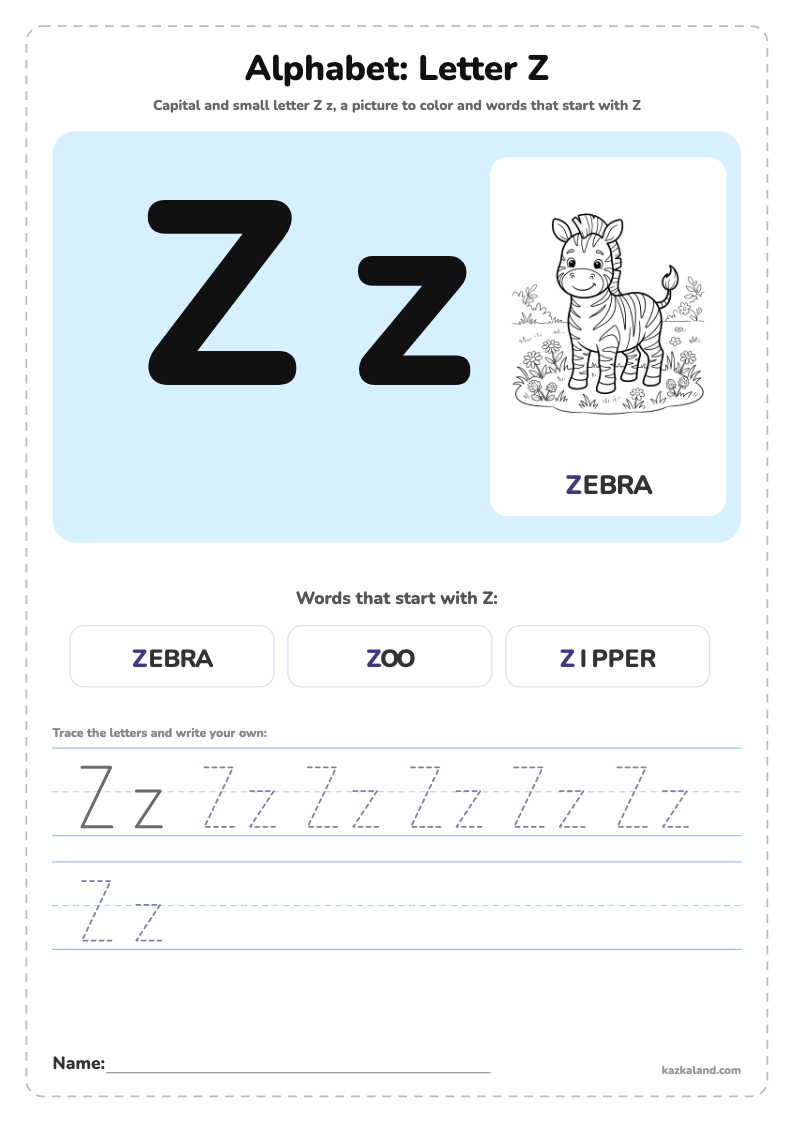 Alphabet Letter Z Poster: printable A4 worksheet for kids with a large model, dotted lines to trace, a picture to color and a line for the name