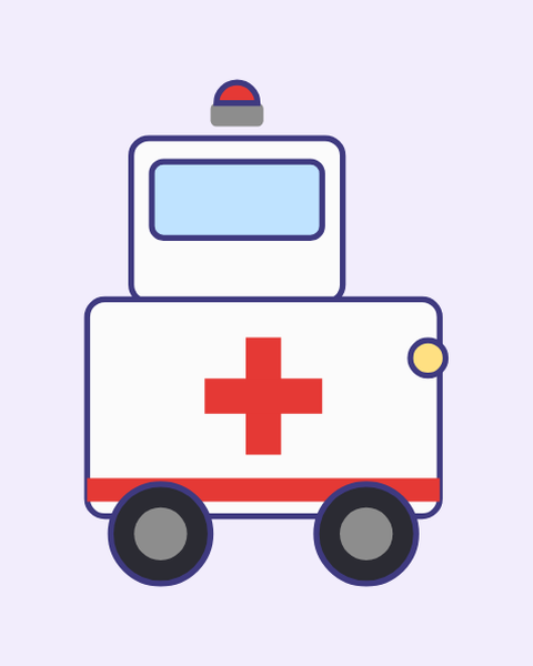 Ambulance paper craft template for kids: a printable color A4 sheet with cut lines, fold lines and glue tabs, plus a preview of the finished cube toy