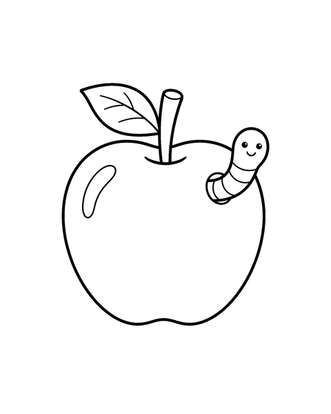 Apple coloring page for kids: a printable black and white outline picture with thick lines and big areas to color, ready for A4
