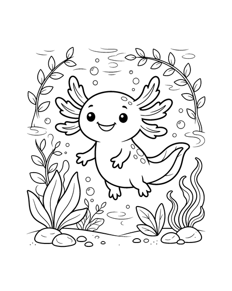 Axolotl coloring page for kids: a printable black and white outline picture with thick lines and big areas to color, ready for A4