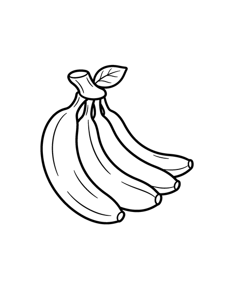 Banana coloring page for kids: a printable black and white outline picture with thick lines and big areas to color, ready for A4