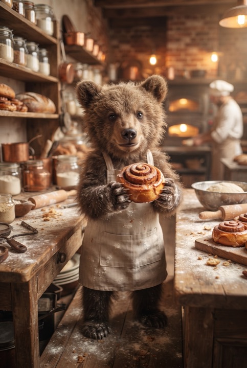 Bear Cub Baker with a Cinnamon Roll: A small bear cub in an apron holds a cinnamon roll in a warm rustic bakery.