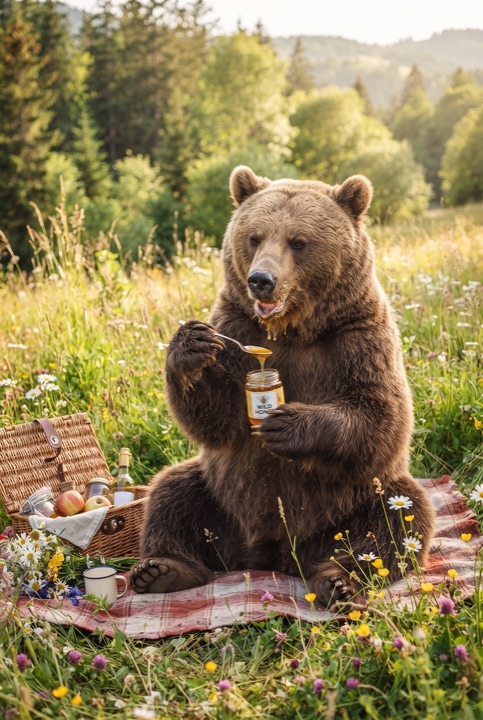 Bear Eating Honey at a Picnic: A big brown bear eats honey from a jar with a spoon on a checkered blanket with a basket and wildflowers in a sunny meadow.
