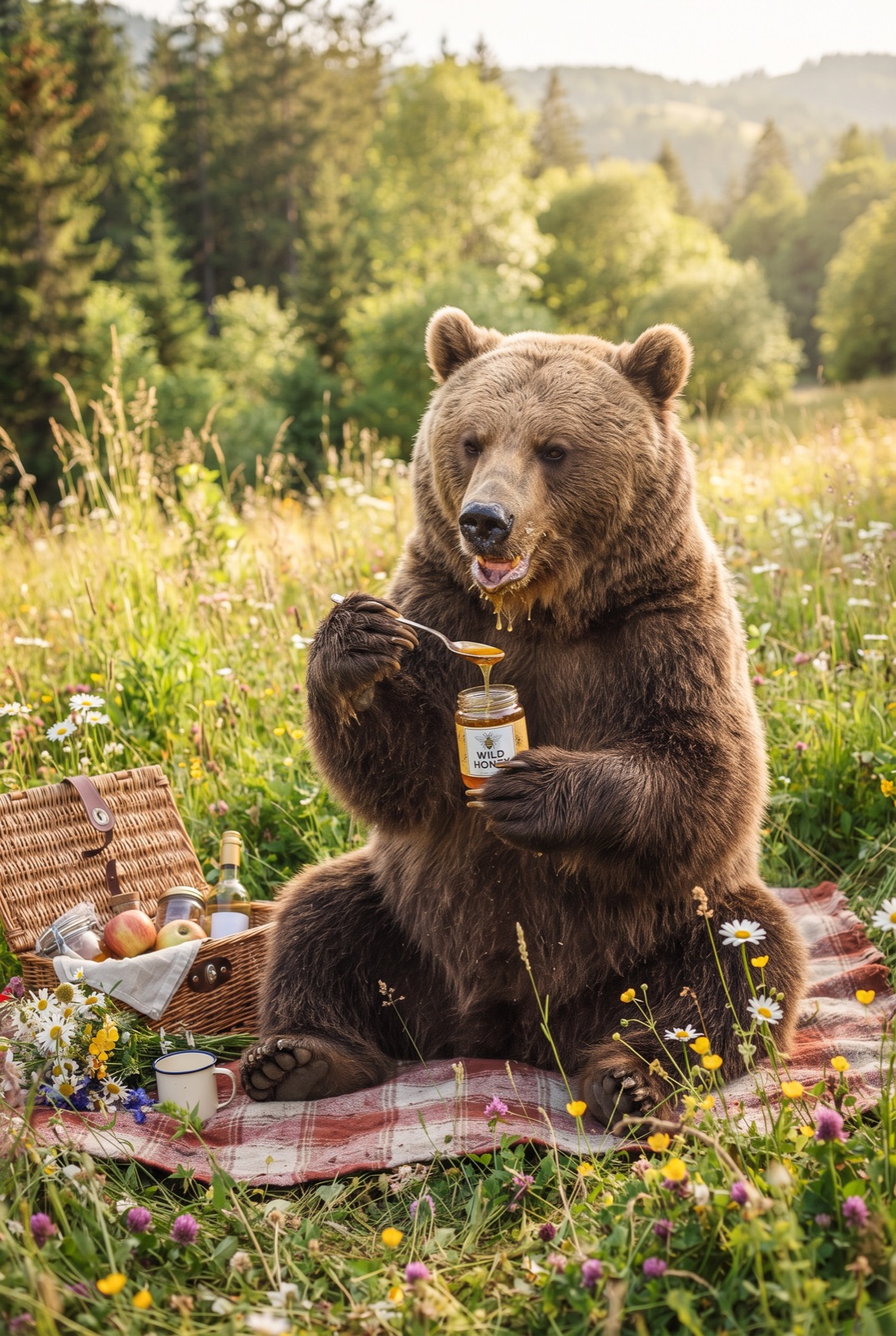Bear Eating Honey at a Picnic: A big brown bear eats honey from a jar with a spoon on a checkered blanket with a basket and wildflowers in a sunny meadow.