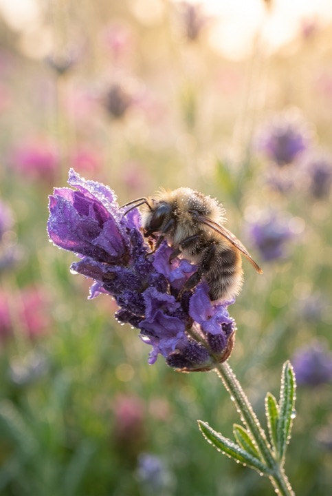 Bumblebee on a Dewy Lavender Flower: A fuzzy bumblebee rests on a lavender flower covered in morning dew while the meadow melts into soft light.