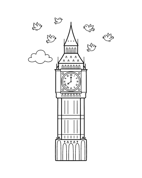 Big Ben coloring page for kids: a printable black and white outline picture with thick lines and big areas to color, ready for A4