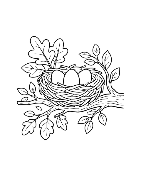 Bird Nest coloring page for kids: a printable black and white outline picture with thick lines and big areas to color, ready for A4