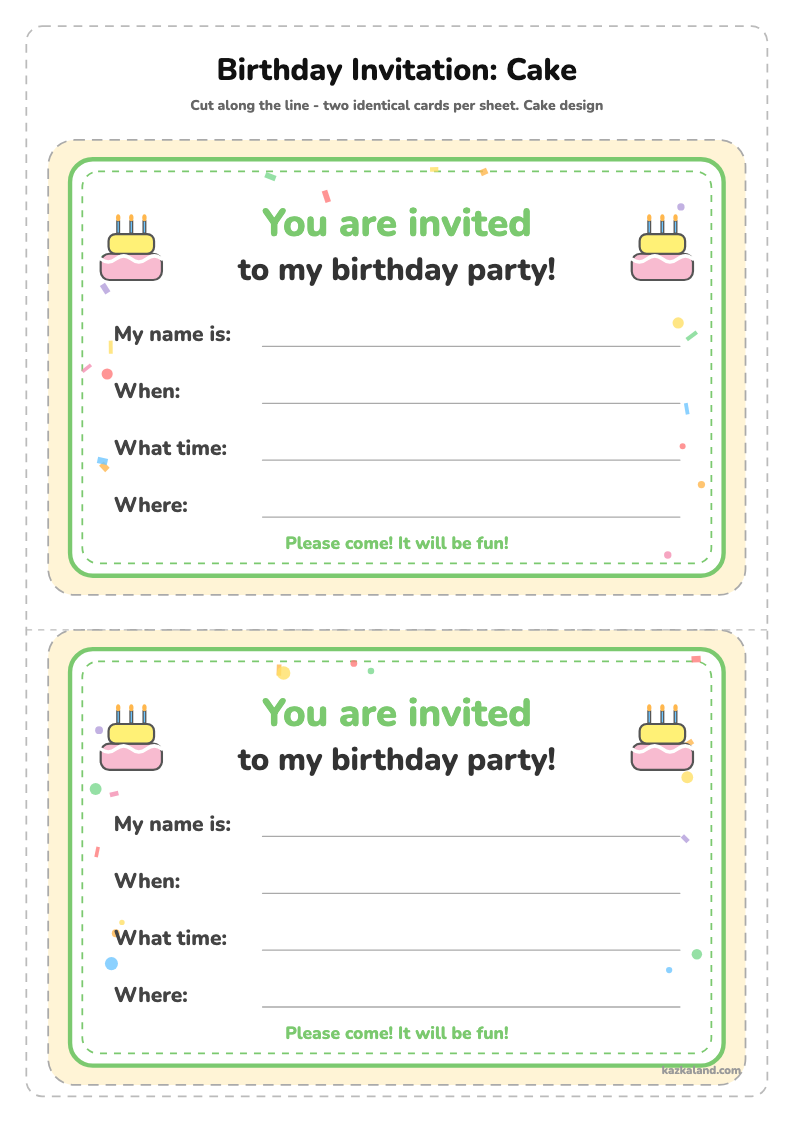 Birthday Invitation Printable: Cake: printable A4 sheet for kids, ready to print or fill in online