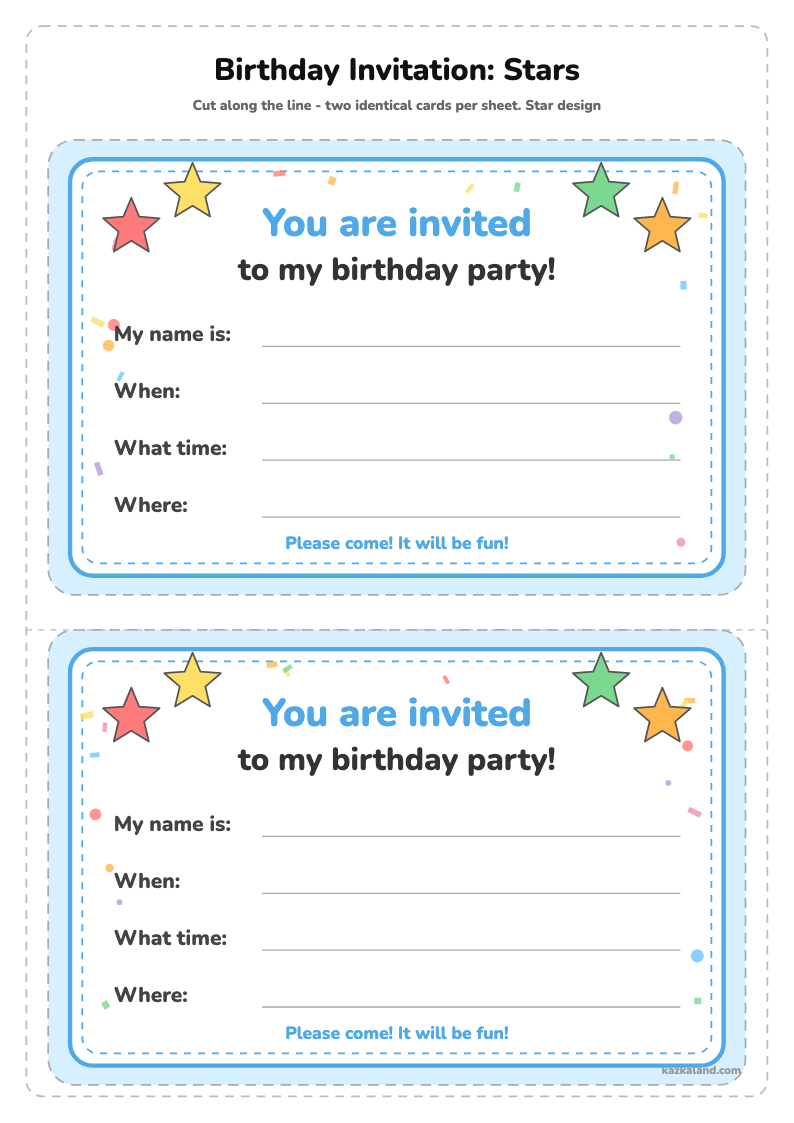 Birthday Invitation Printable: Stars: printable A4 sheet for kids, ready to print or fill in online